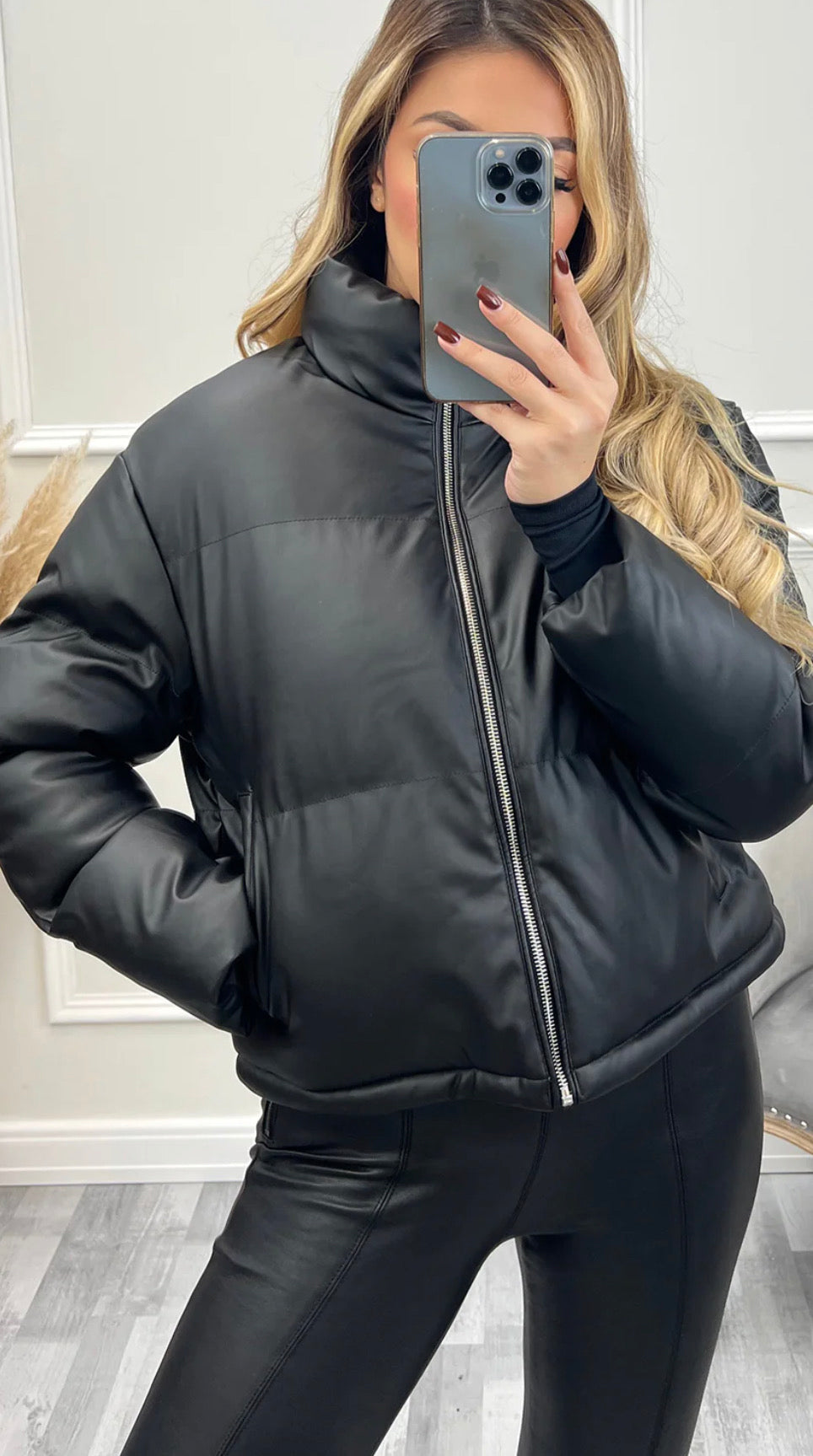 Remi Black PU Faux Leather Puffer Jacket