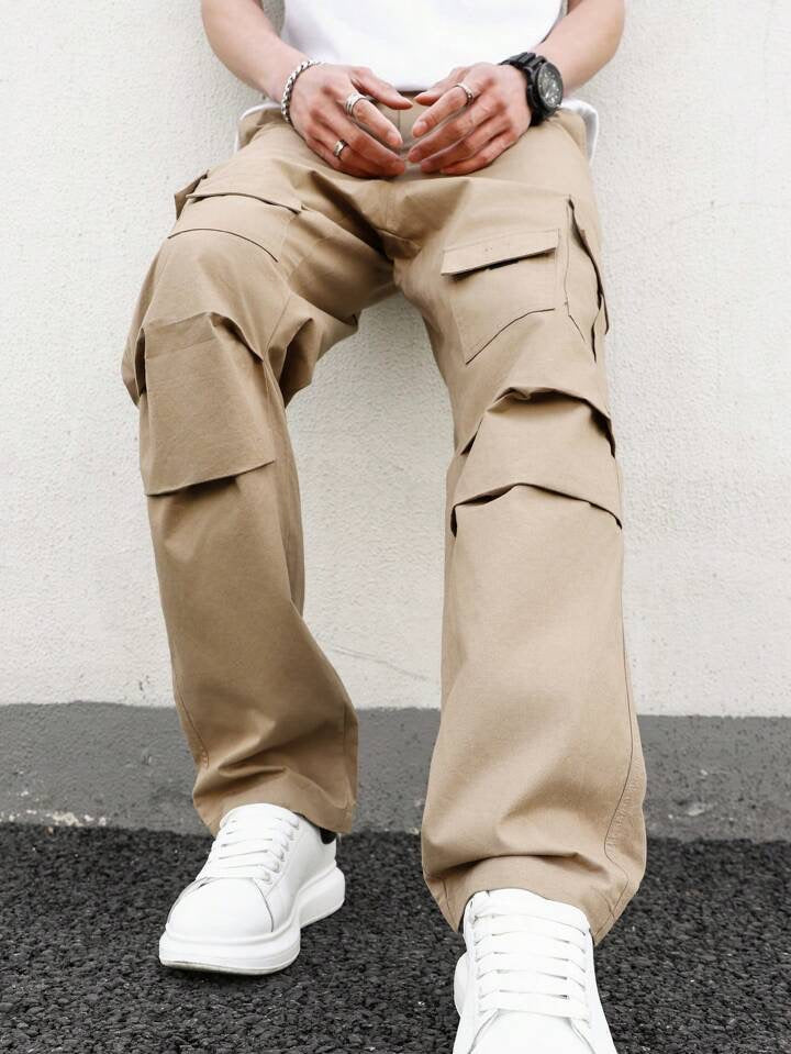 Men's Solid Color Cargo Trousers With Pockets
