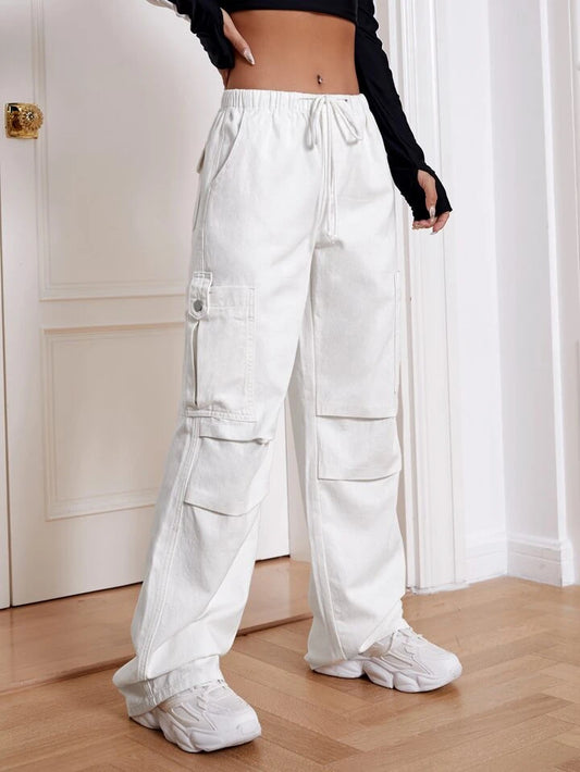 Solid Drawstring Waist Cargo Jeans