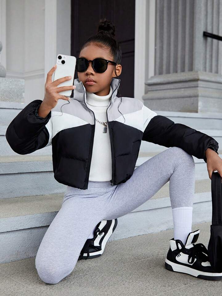 Two Tone Zip Up Puffer Coat