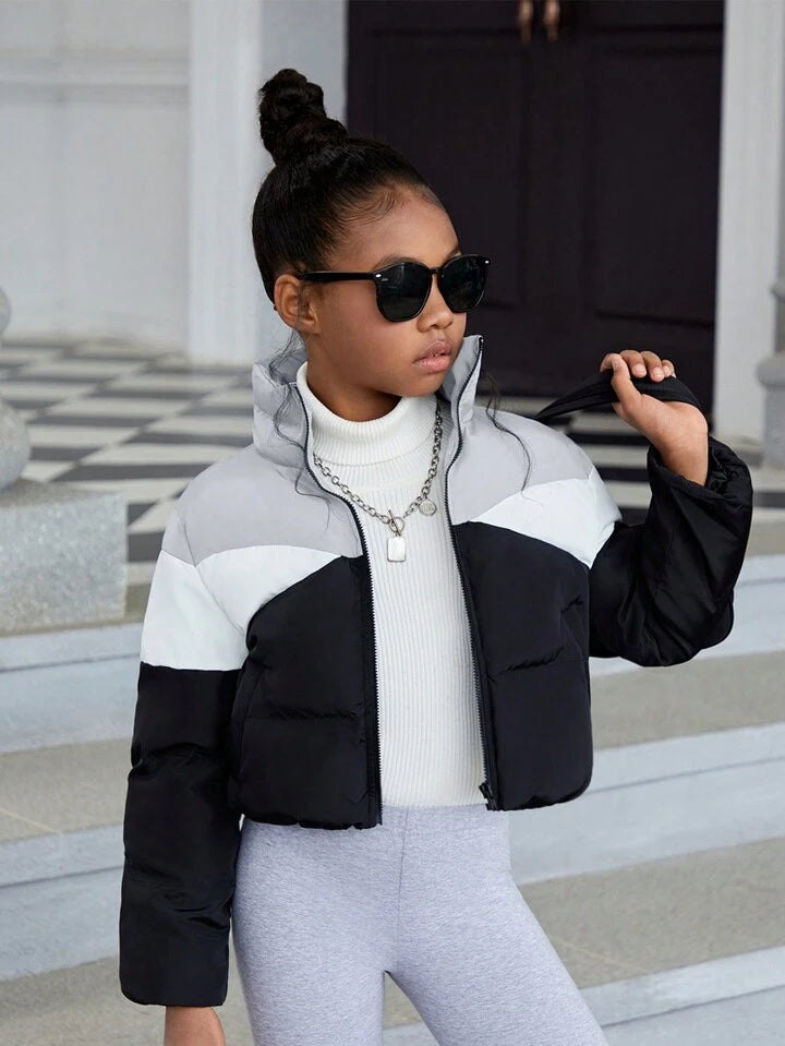 Two Tone Zip Up Puffer Coat