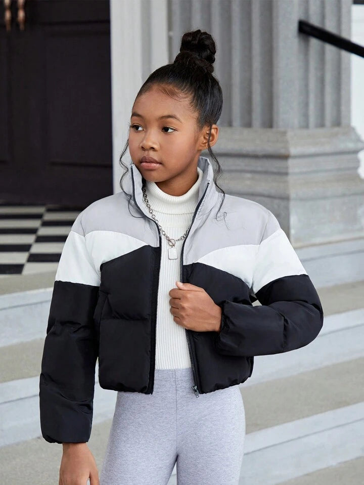 Two Tone Zip Up Puffer Coat