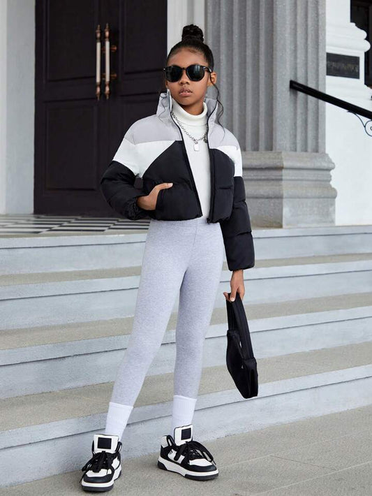 Two Tone Zip Up Puffer Coat