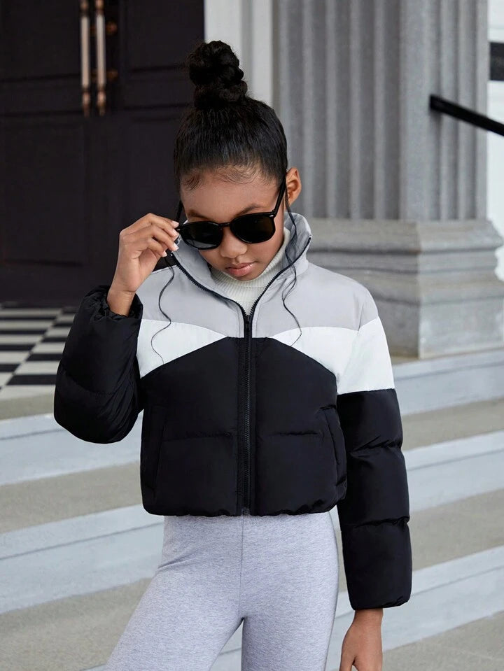 Two Tone Zip Up Puffer Coat