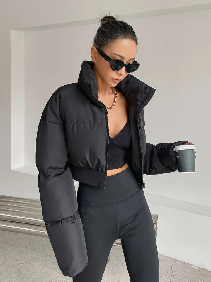 Drop Shoulder Zipper Puffer Thick Pocket