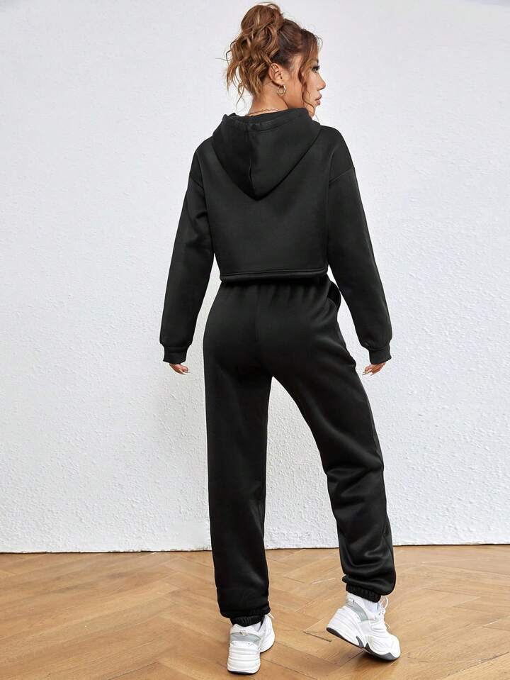 Drop Shoulder Drawstring Hem Thermal Lined Crop Hoodie & Sweatpant