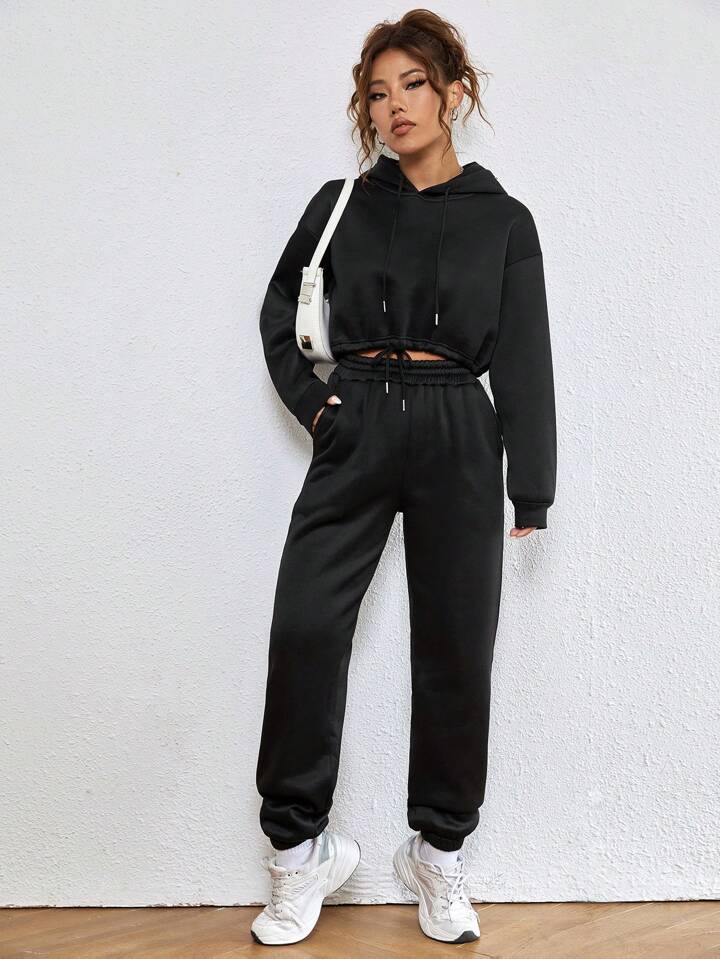 Drop Shoulder Drawstring Hem Thermal Lined Crop Hoodie & Sweatpant