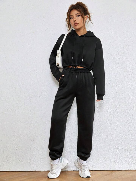 Drop Shoulder Drawstring Hem Thermal Lined Crop Hoodie & Sweatpant