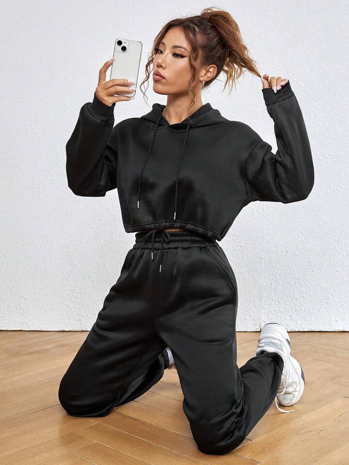 Drop Shoulder Drawstring Hem Thermal Lined Crop Hoodie & Sweatpant