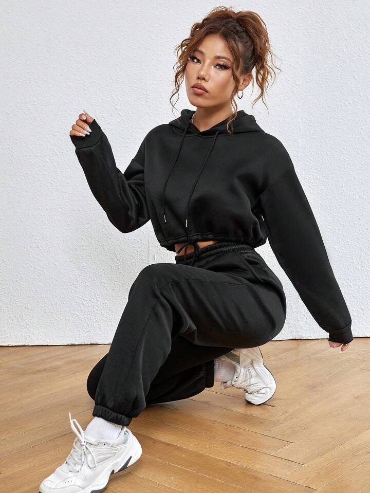 Drop Shoulder Drawstring Hem Thermal Lined Crop Hoodie & Sweatpant