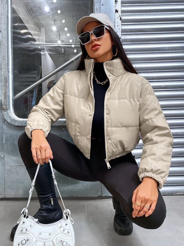 Zip Up Snap Button Elastic Hem Puffer Jacket