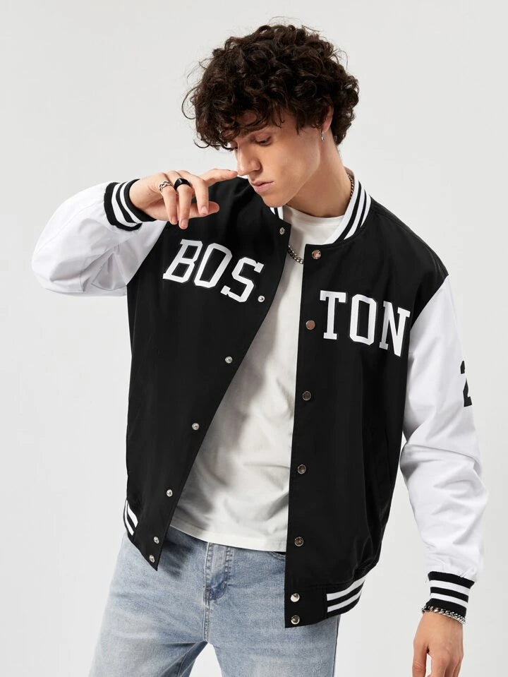Sporsity Men Letter Graphic Striped Trim Varsity Jacket