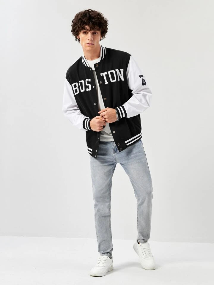 Sporsity Men Letter Graphic Striped Trim Varsity Jacket