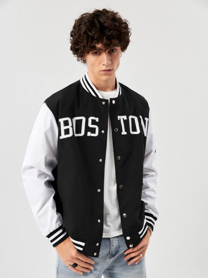 Sporsity Men Letter Graphic Striped Trim Varsity Jacket