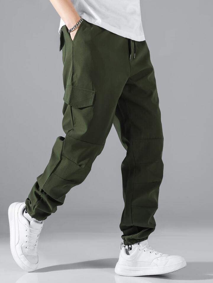 Men Drawstring Waist Slant Pocket Pants