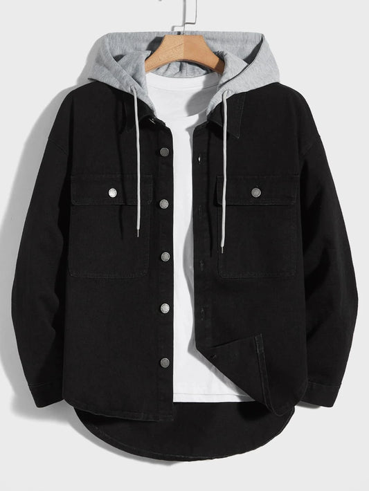 Manfinity Sporsity Men Cotton Flap Pocket Drawstring Hooded Denim Jacket Without Tee