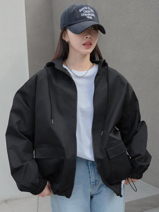 Drop Shoulder Drawstring Hooded Jacket