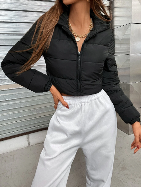 Zip Up Hooded Crop Puffer Coat