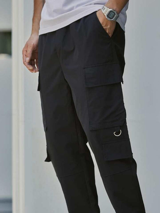 Men Drawstring Waist Flap Pocket Cargo Pants