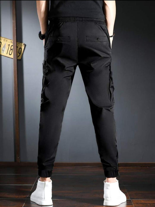 Homme Men Drawstring Waist Flap Pocket Pants