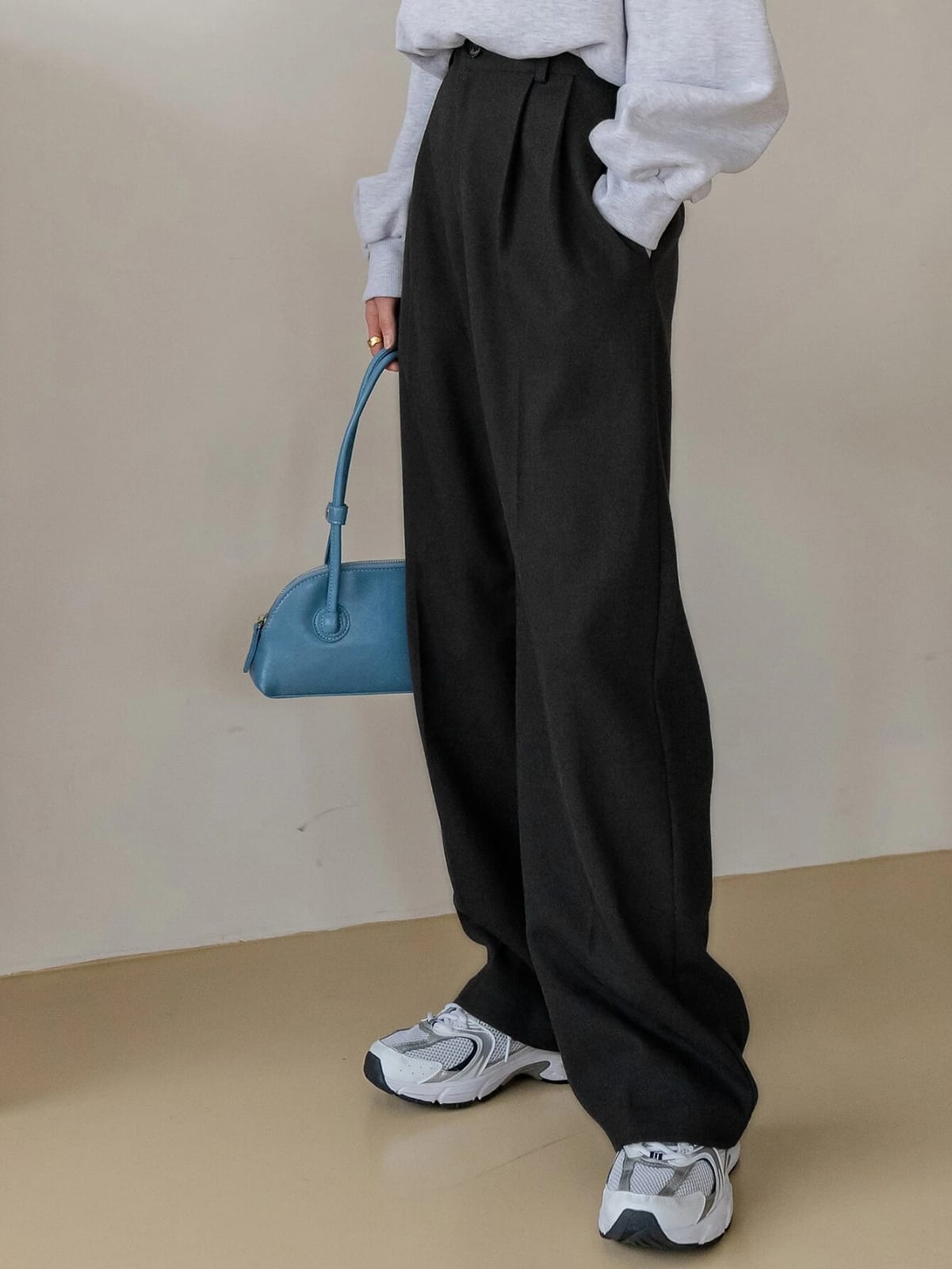 High Waist Slant Pocket Fold Pleated Pants