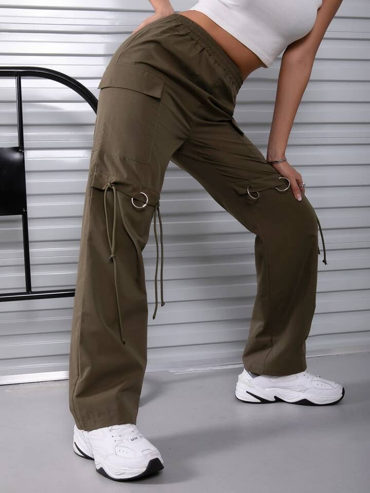 Flap Pocket Drawstring Hem Wide Leg Cargo Pants
