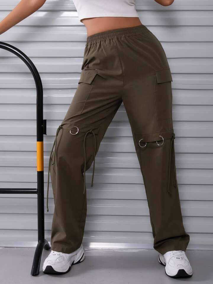 Flap Pocket Drawstring Hem Wide Leg Cargo Pants