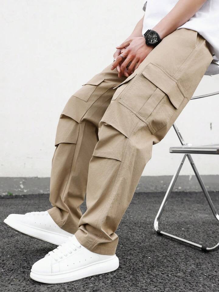 Men's Solid Color Cargo Trousers With Pockets