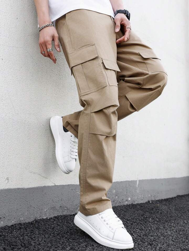 Men's Solid Color Cargo Trousers With Pockets