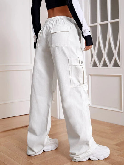 Solid Drawstring Waist Cargo Jeans