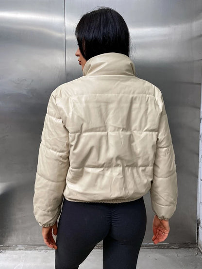 Zip Up Snap Button Elastic Hem Puffer Jacket