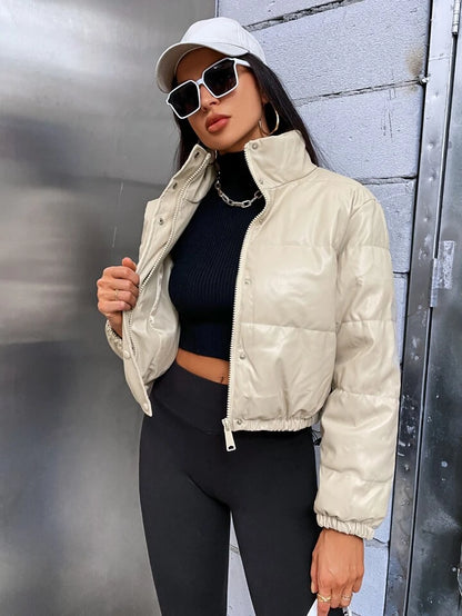 Zip Up Snap Button Elastic Hem Puffer Jacket