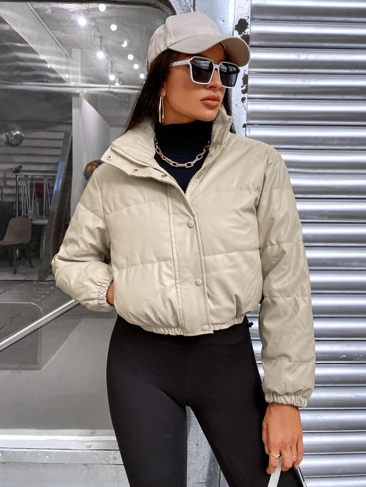 Zip Up Snap Button Elastic Hem Puffer Jacket
